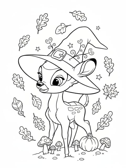 Dibujo para colorear de Bambi con sombrero de bruja bajo hojas de otoño