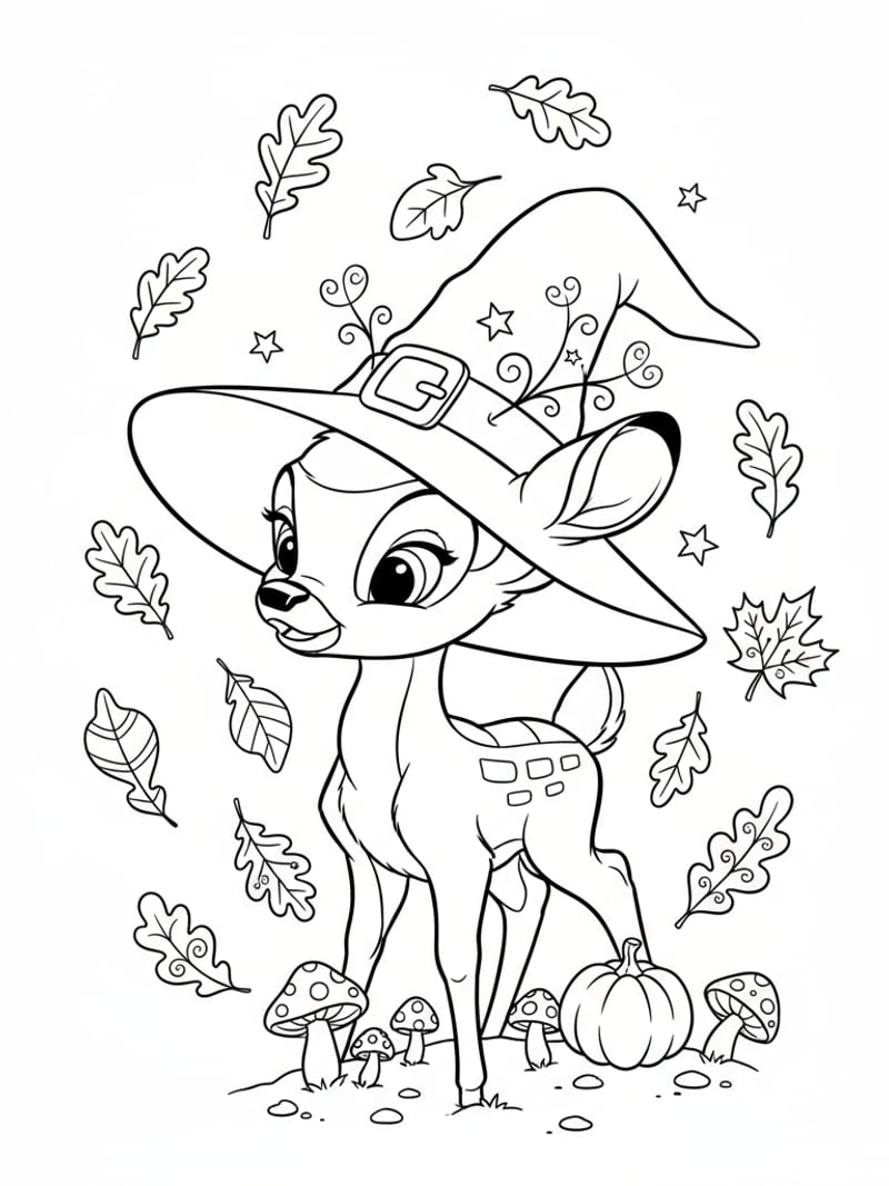 Bambi wearing witch hat under falling autumn leaves Disney Halloween line art coloring page
