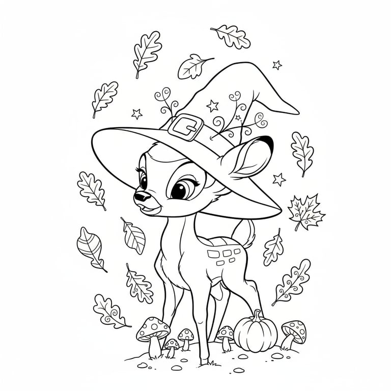 Bambi wearing witch hat under falling autumn leaves Disney Halloween line art coloring page