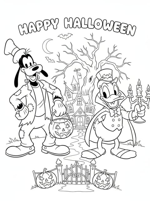 Dibujo para colorear de Goofy y el Pato Donald con disfraces espeluznantes de Halloween