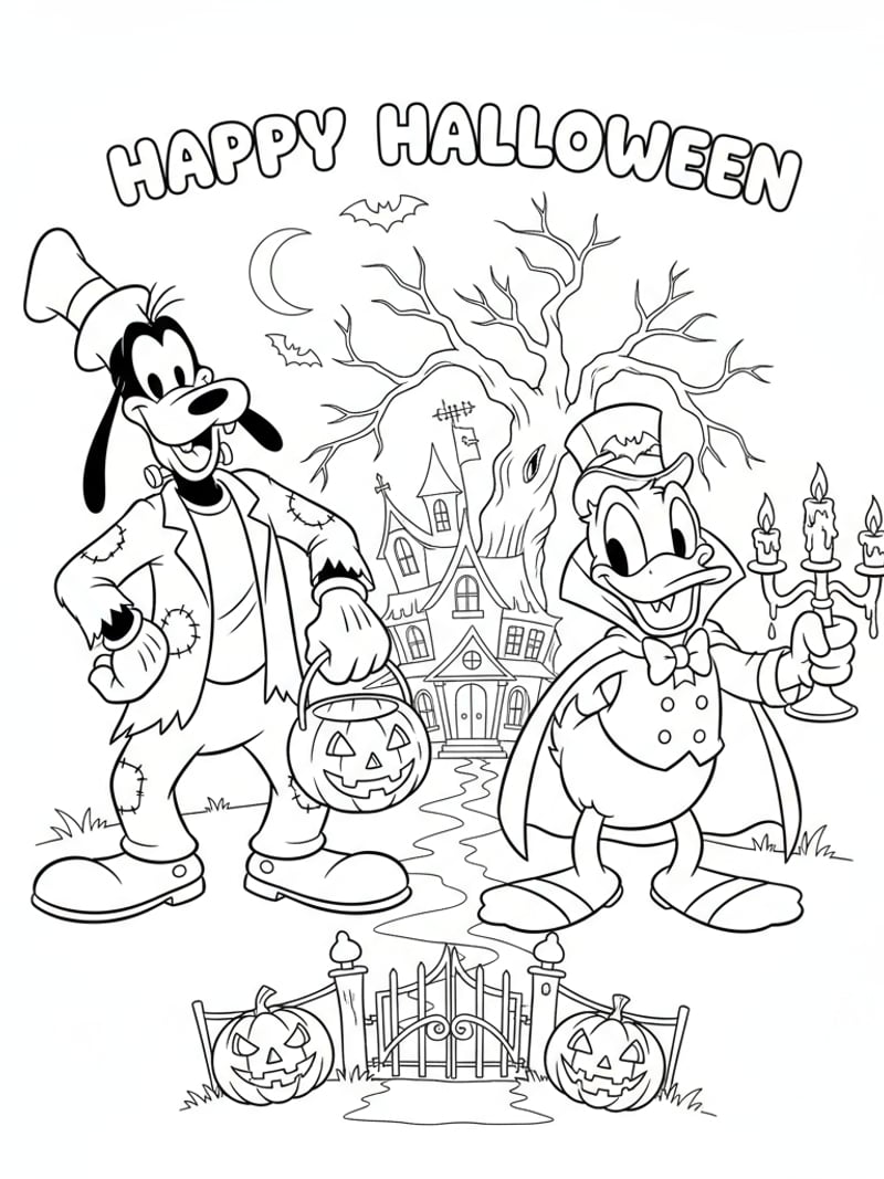 Goofy and Donald Duck wearing spooky Halloween costumes Disney coloring page