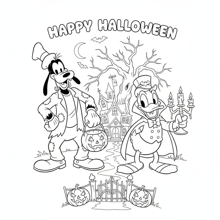Goofy and Donald Duck wearing spooky Halloween costumes Disney coloring page