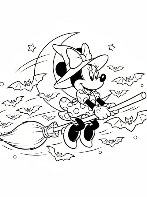 Dibujo para colorear de Minnie Mouse volando en escoba con murciélagos para Halloween