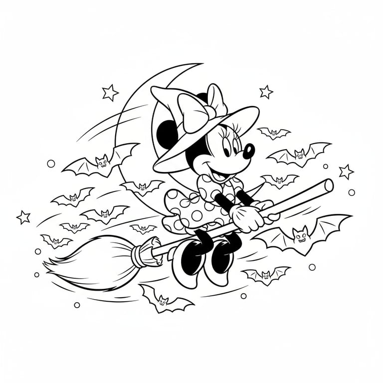 Minnie Mouse flying on broomstick with bats around Halloween Disney style coloring page