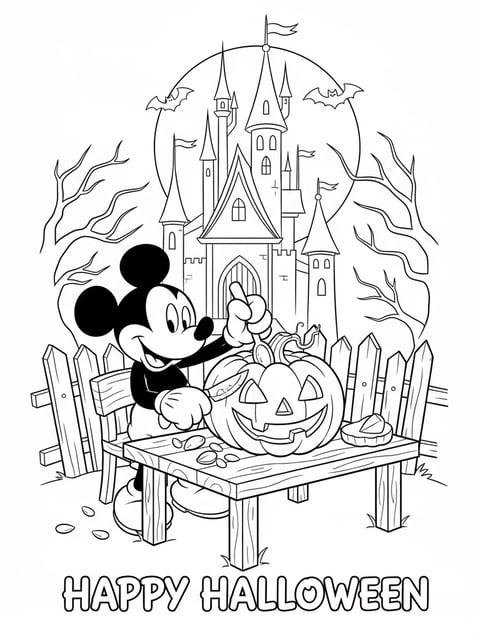 Dibujo para colorear de Mickey Mouse tallando un jack-o'-lantern con un castillo espeluznante al fondo