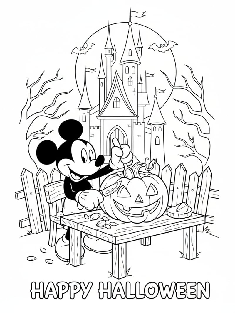 Mickey Mouse carving jack-o-lantern with spooky castle background Disney Halloween coloring page