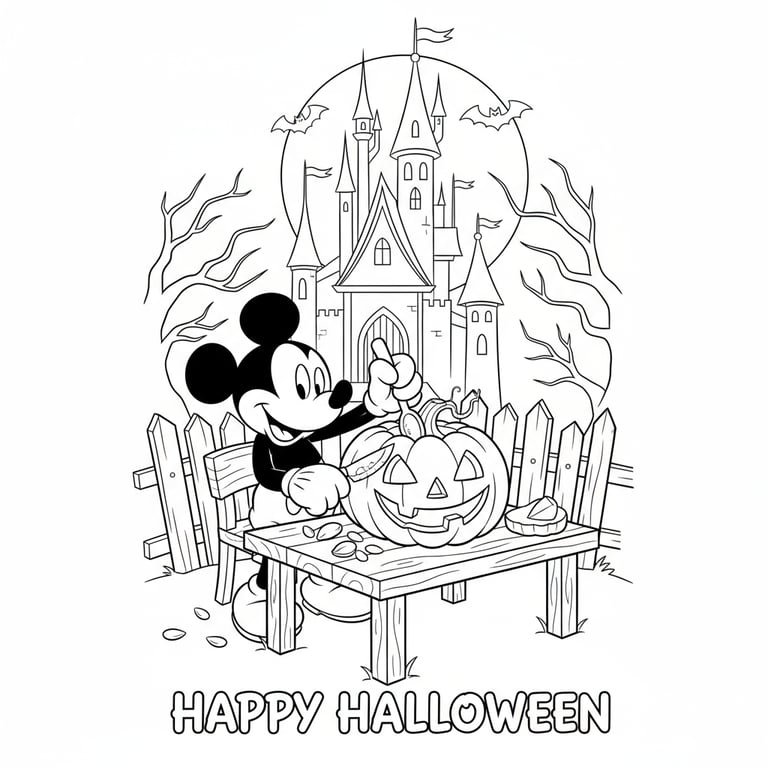 Mickey Mouse carving jack-o-lantern with spooky castle background Disney Halloween coloring page