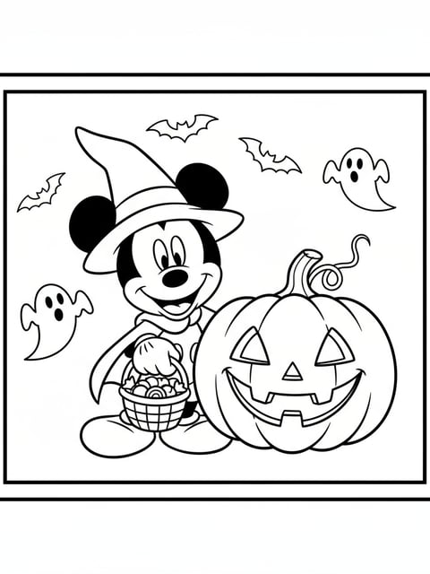 Dibujo fácil de Halloween para colorear con Mickey Mouse y una calabaza sonriente