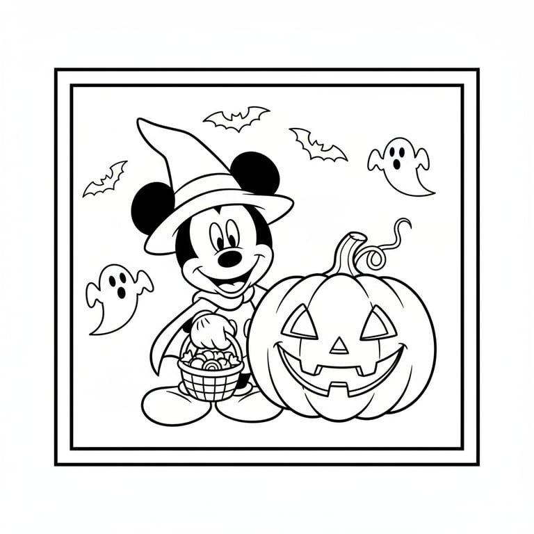 Easy Disney Halloween coloring page with Mickey Mouse and smiling pumpkin