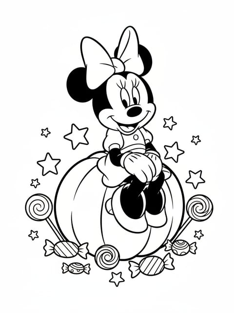 Dibujo para colorear de Minnie Mouse sentada sobre una calabaza grande con estrellas y dulces