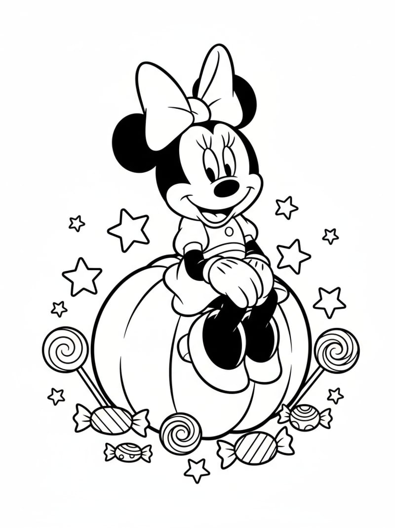Cute Minnie Mouse sitting on large pumpkin surrounded by stars and candy coloring page