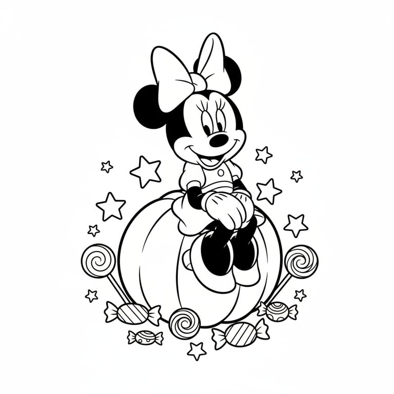 Cute Minnie Mouse sitting on large pumpkin surrounded by stars and candy coloring page