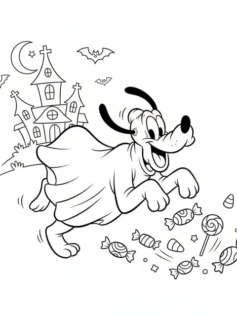 Dibujo para colorear de Pluto con disfraz de fantasma persiguiendo dulces de Halloween