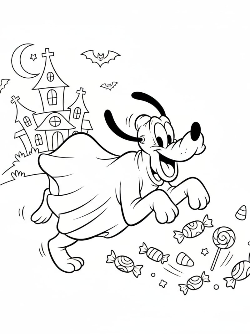 Pluto wearing ghost costume chasing candy Disney Halloween line art coloring page