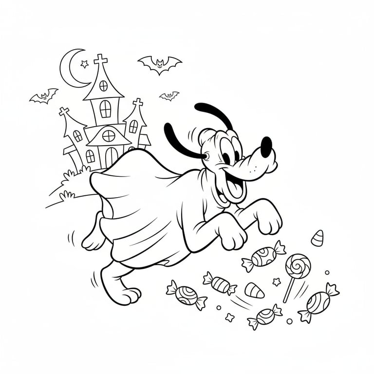 Pluto wearing ghost costume chasing candy Disney Halloween line art coloring page