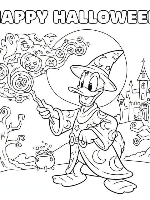 Dibujo para colorear del Pato Donald vestido de mago lanzando hechizos de Halloween