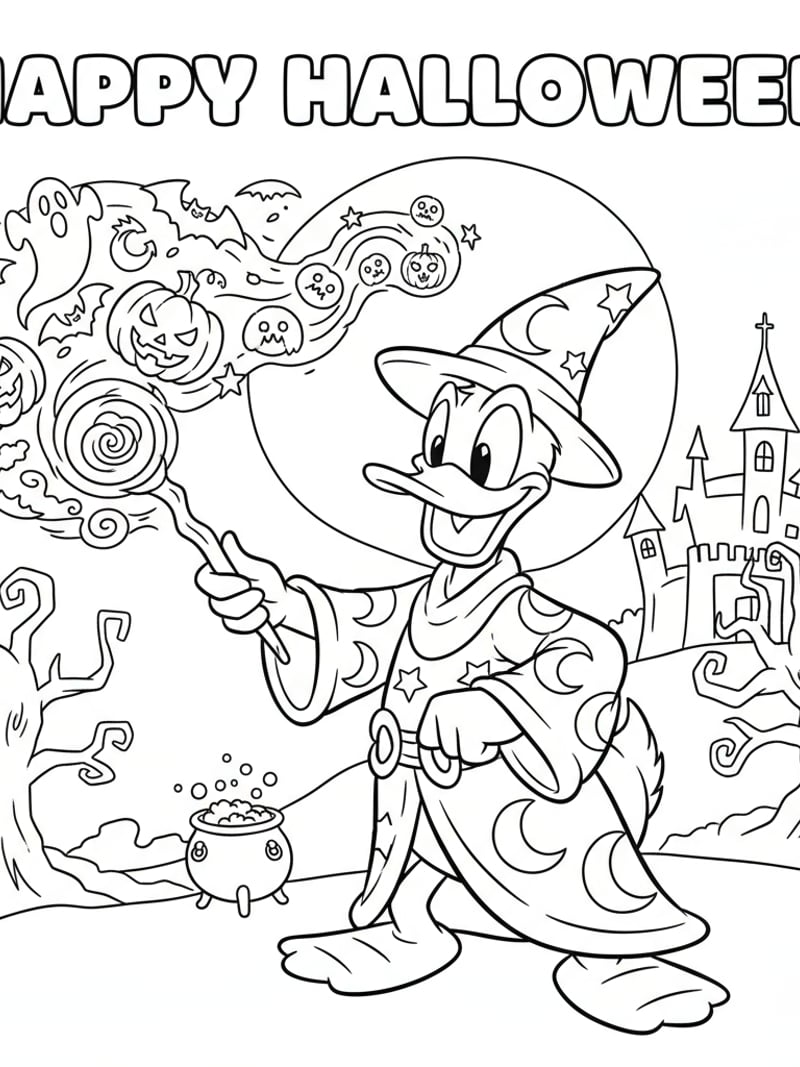 Donald Duck dressed as wizard casting Halloween spells Disney coloring page