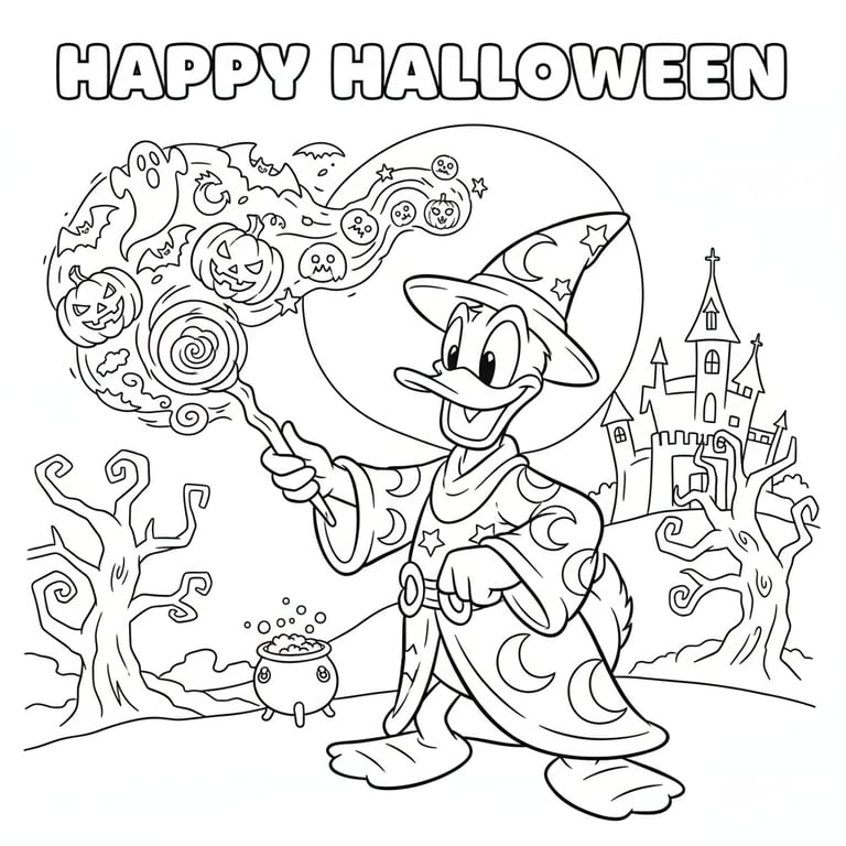 Donald Duck dressed as wizard casting Halloween spells Disney coloring page