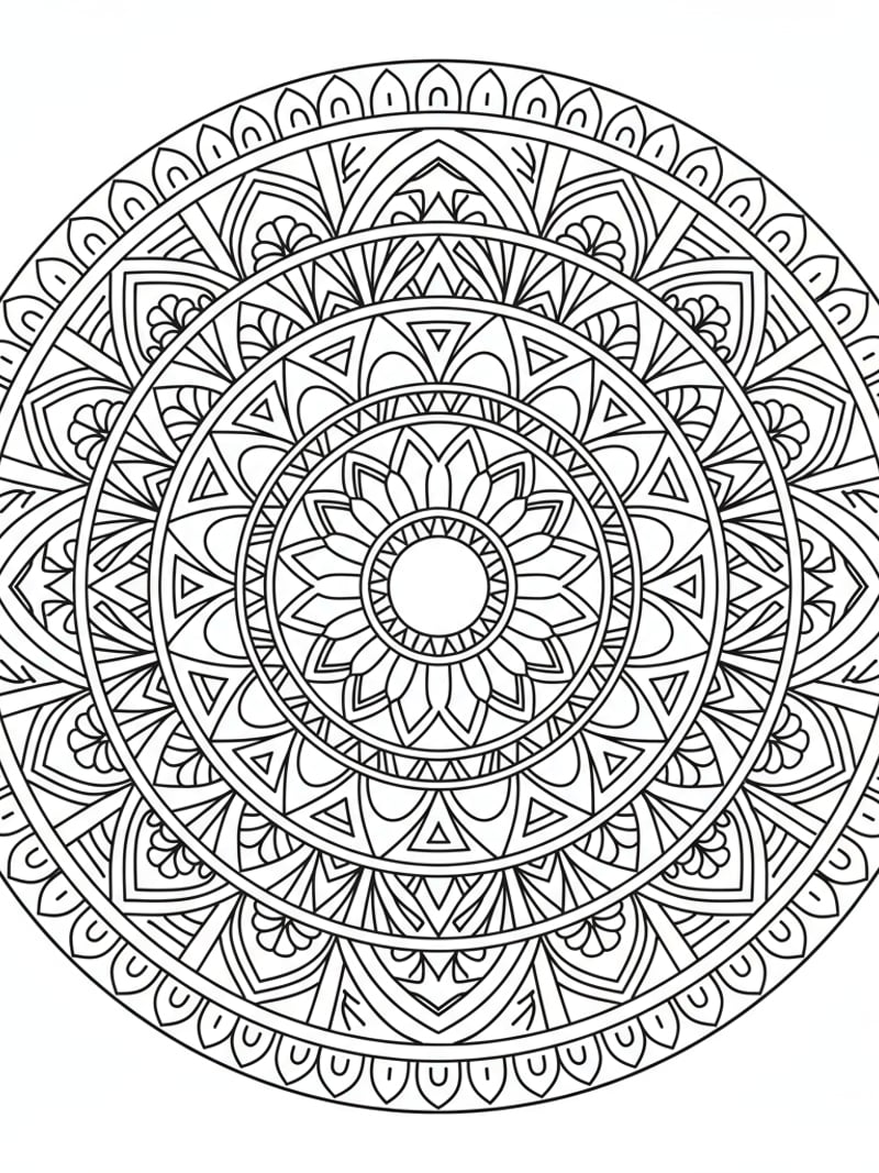 Intricate circular mandala pattern with geometric details adult coloring page