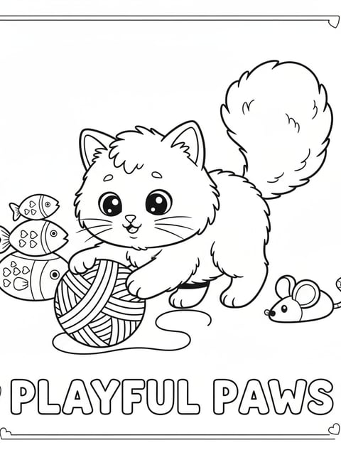 Gatito esponjoso jugando en un dibujo para colorear tierno para niños