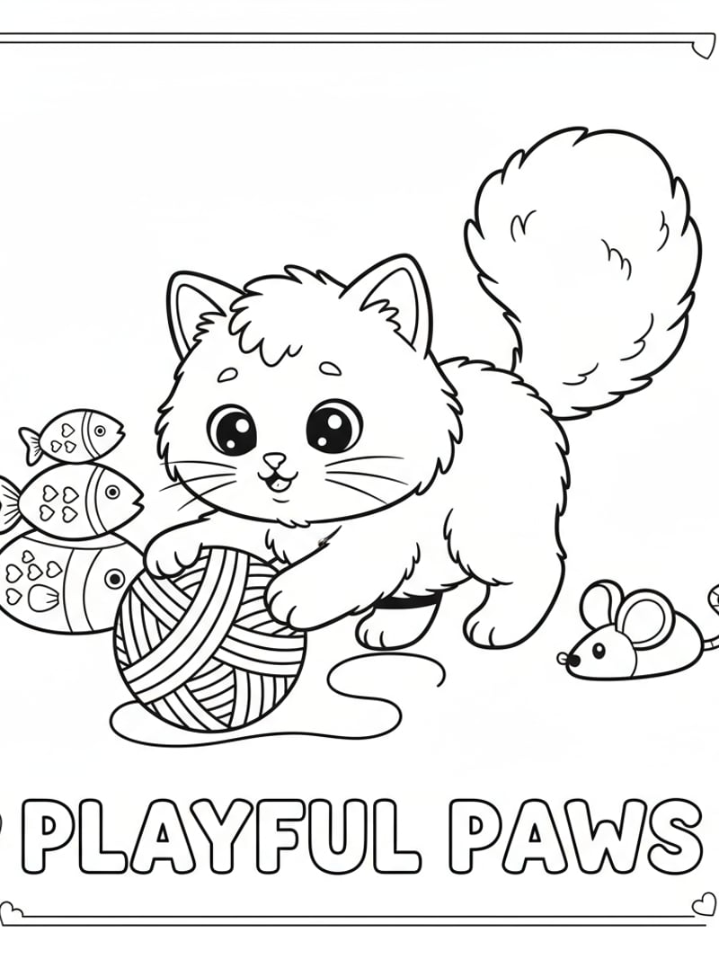 Cute fluffy kitten playing simple cartoon style coloring page for kids