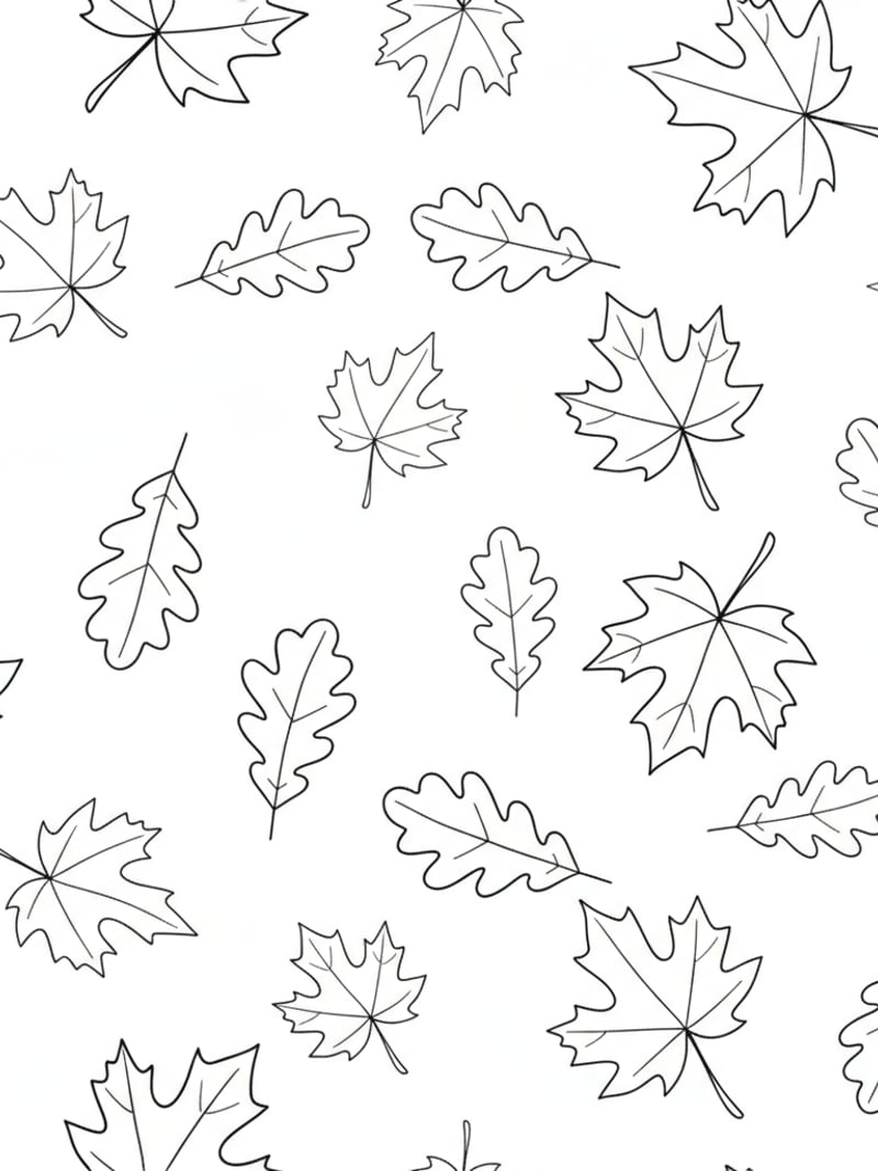 Fall autumn leaves scattered design with maple and oak leaves coloring page