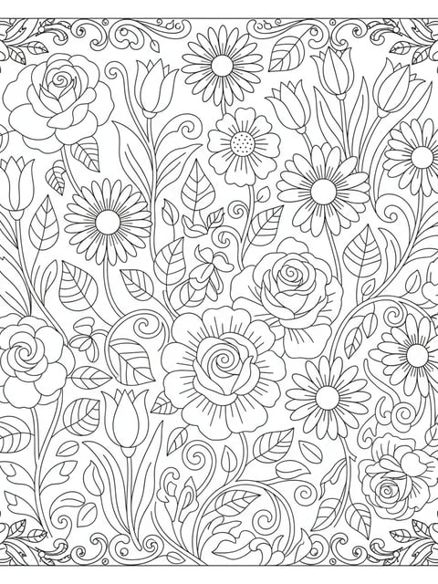Jardín de flores con rosas y margaritas en una página botánica para colorear