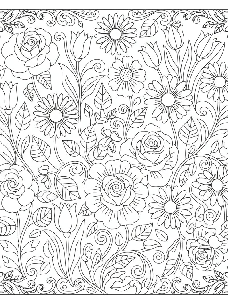 Beautiful flower garden with roses daisies and various flowers botanical design coloring page