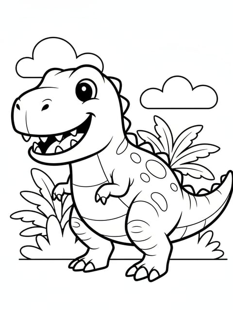 T-Rex simpático con gran sonrisa en una página para colorear fácil para niños