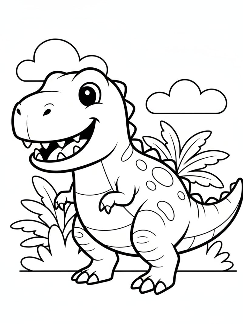 Friendly T-Rex dinosaur with big smile simple cartoon style coloring page for kids