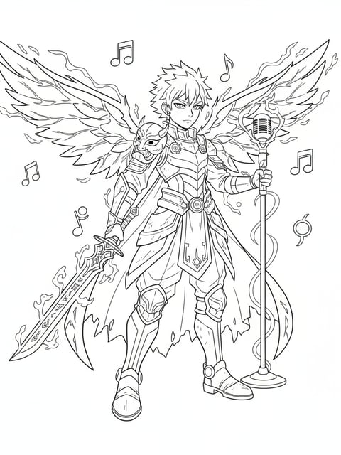 Cazadora de demonios K-pop en estilo anime con elementos mágicos en una página para colorear