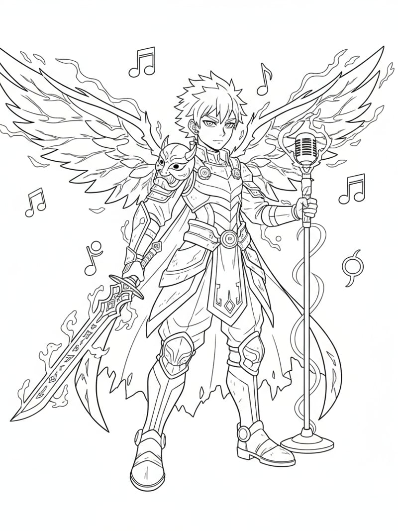 Kpop demon hunter character anime-style warrior coloring page