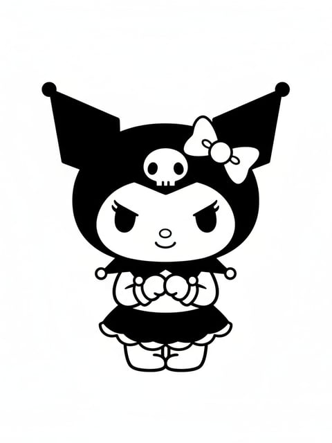 Kuromi con capucha y lazo de calavera en una lámina para colorear estilo Sanrio