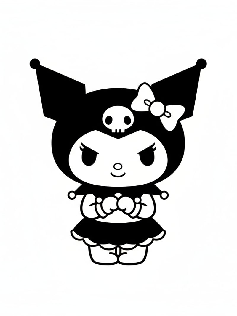 Kuromi rabbit character with hood and skull bow Sanrio style coloring page