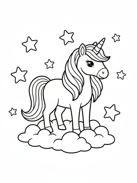 Unicornio mágico con melena larga y estrellas en un dibujo para colorear imprimible