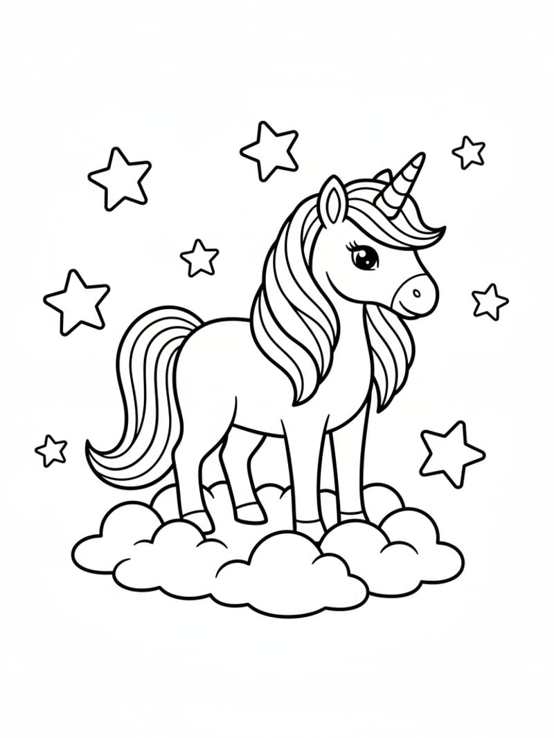 Magical unicorn with flowing mane horn and stars coloring page
