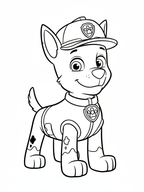 Cachorro de Paw Patrol con insignia y gorra en un dibujo para colorear imprimible