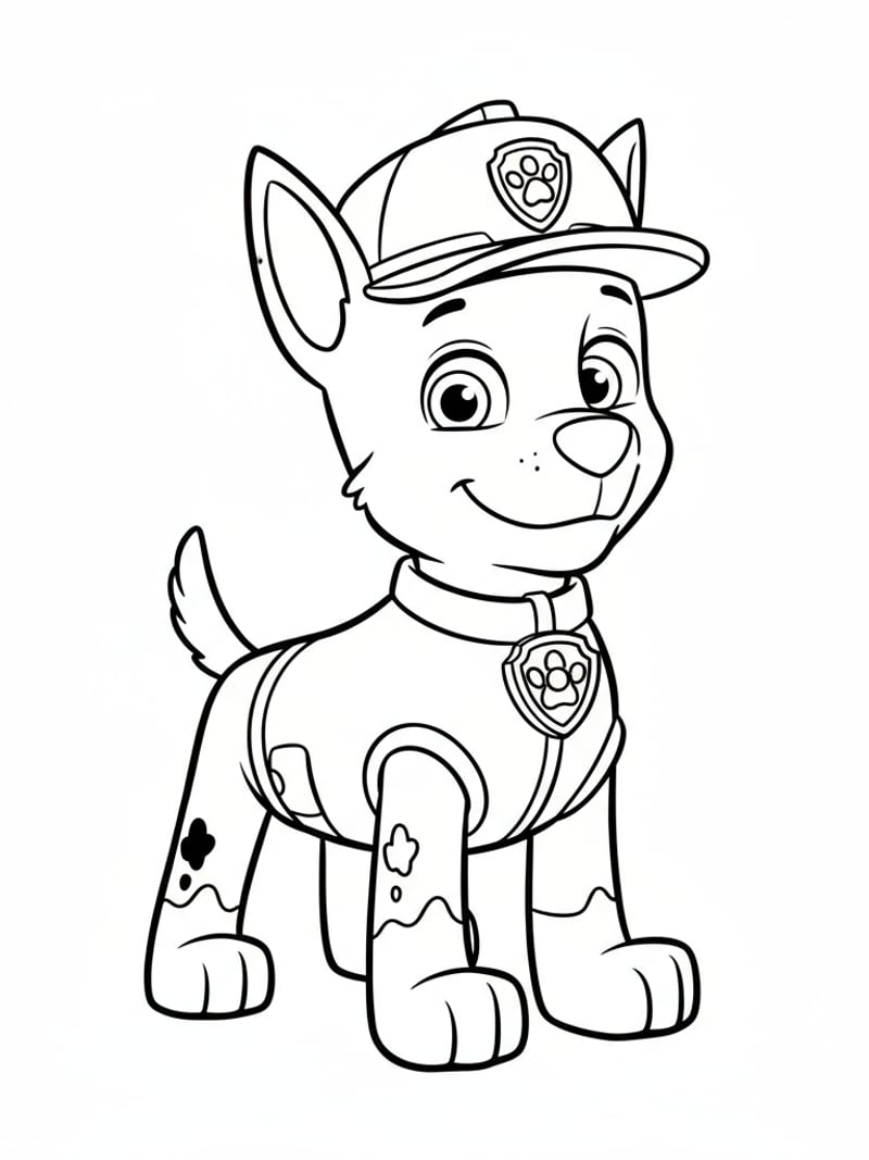 Paw Patrol rescue puppy with badge and hat simple cartoon design coloring page