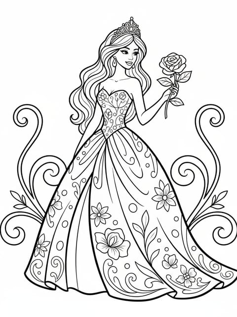 Princesa elegante con vestido de gala, tiara y cabello largo en una página para colorear