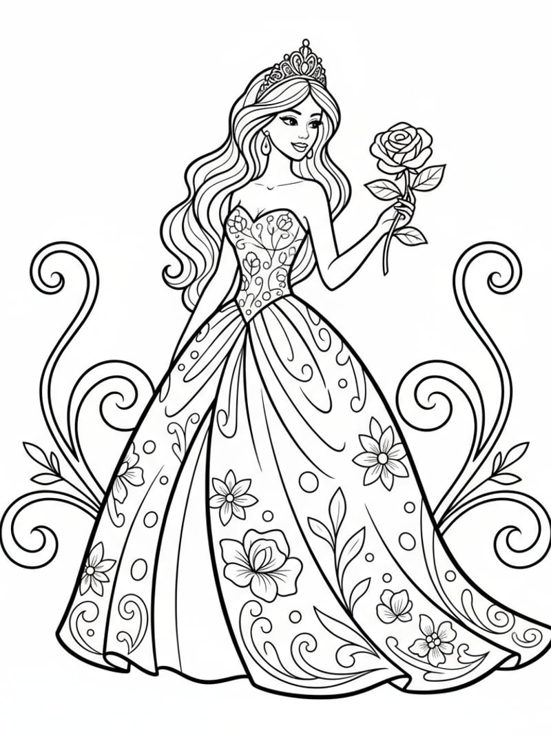 Elegant princess in ball gown with tiara and flowing hair coloring page