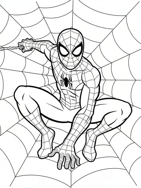 Spiderman en pose de acción con patrón de telaraña en una página para colorear