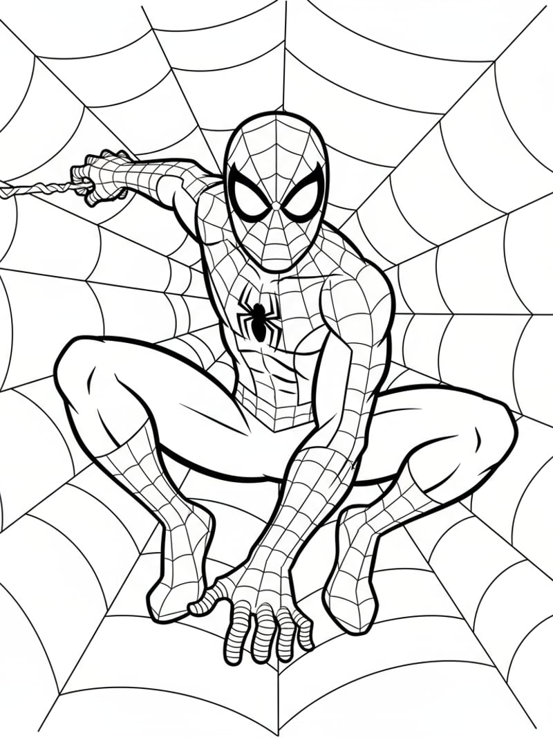 Spiderman superhero in action pose with web pattern coloring page
