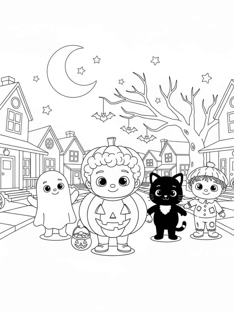 Cocomelon JJ in pumpkin costume trick-or-treating with friends Halloween coloring page