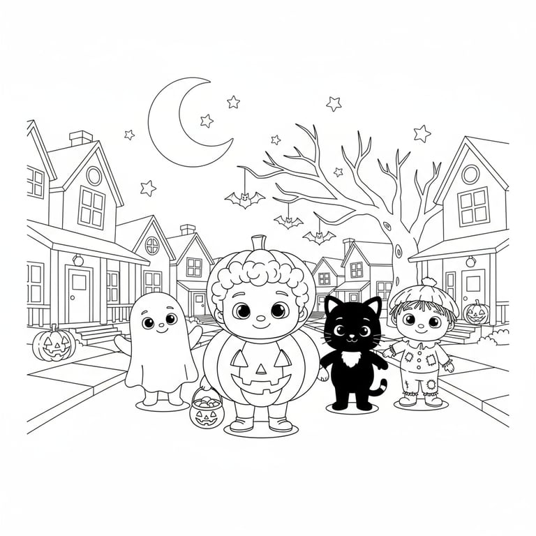 Cocomelon JJ in pumpkin costume trick-or-treating with friends Halloween coloring page