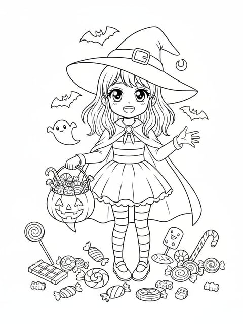 Cute anime-style girl in Halloween costume holding trick-or-treat bucket surrounded by candy coloring page