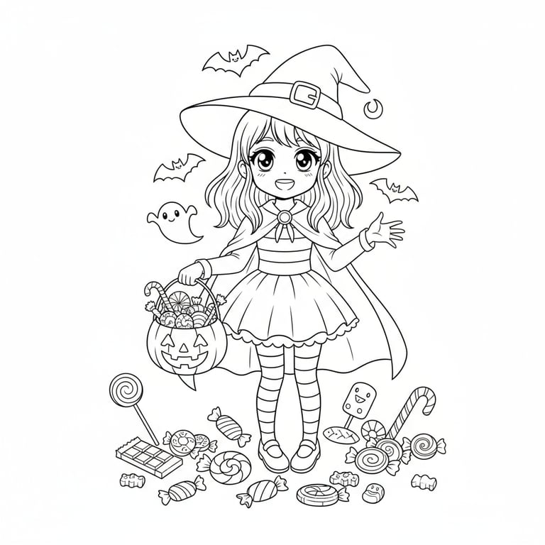Cute anime-style girl in Halloween costume holding trick-or-treat bucket surrounded by candy coloring page