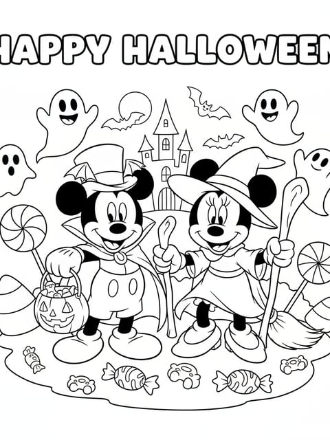 Disney Mickey Mouse and Minnie Mouse in Halloween costumes with candy and ghosts coloring page