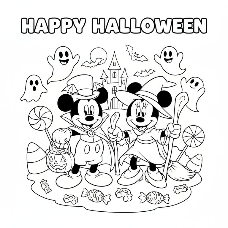 Disney Mickey Mouse and Minnie Mouse in Halloween costumes with candy and ghosts coloring page