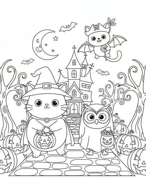 Group of Halloween animals cat owl and bat trick-or-treating coloring page