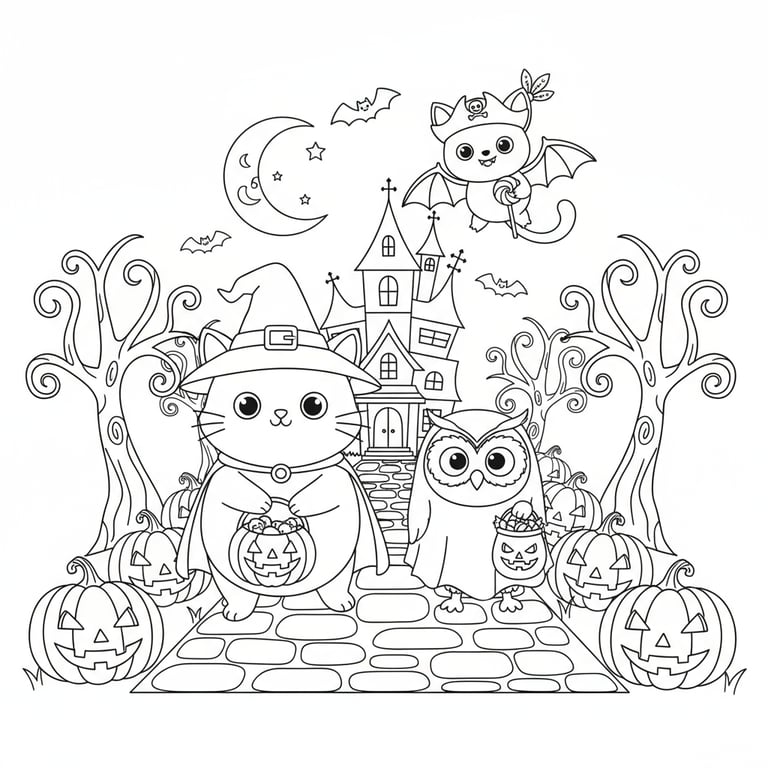 Group of Halloween animals cat owl and bat trick-or-treating coloring page